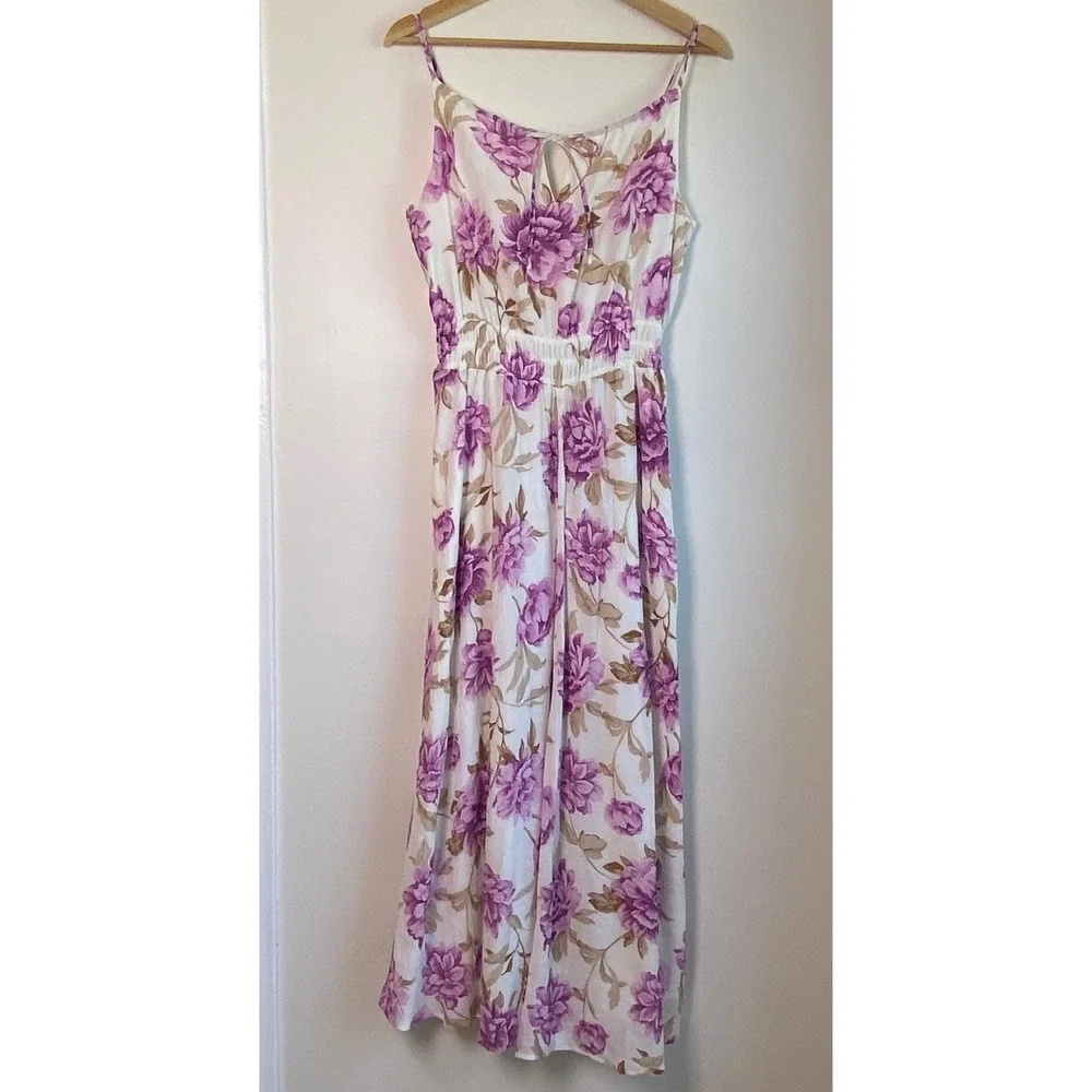 Abercrombie & Fitch Maxi Dress Womens L White Purple Floral Plisse Cottagecore